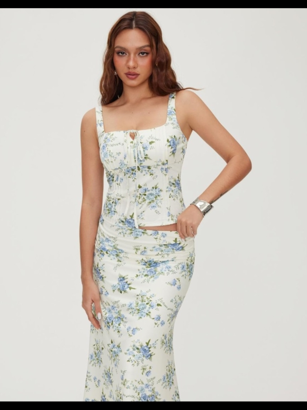 CIDER Womens Two Piece Outfits Floral Tie Front Tank Tops and A Line Skirts